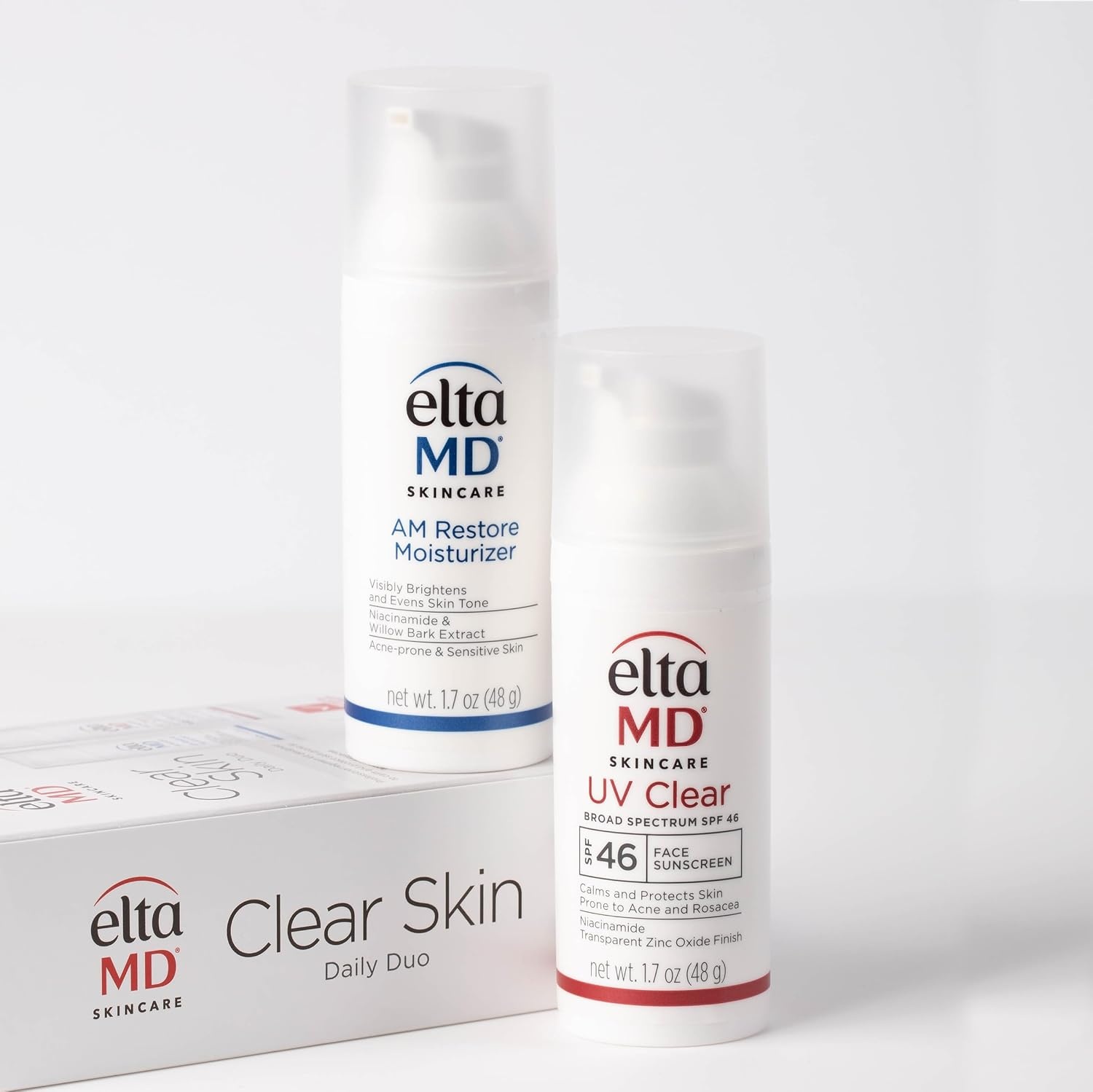 image:imageEltaMD Clear Skin Daily Duo Sensitive Skin Set SPF 46 Includes UV Clear Face Sunscreen and AM Moisturizer Niacinamide Zinc Oxide For AcneProne Skin and Rosacea FragranceFree