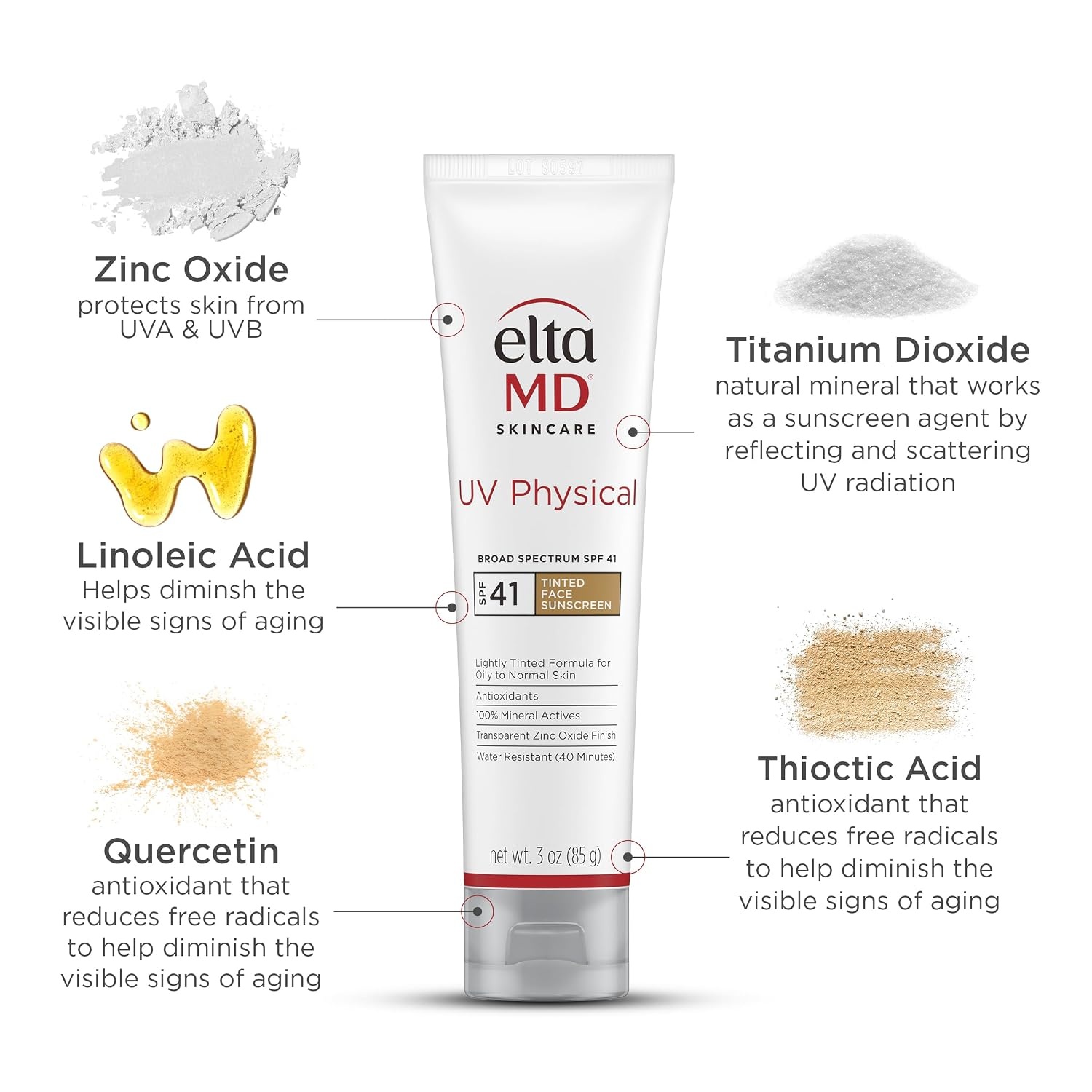 image:imageEltaMD UV Physical Tinted 100 Mineral Face Sunscreen SPF 40 and 41 Formulated with Antioxidants 100 Mineral Actives Transparent Zinc Oxide Finish Water Resistant Up to 40 MinutesTinted 2 Pack