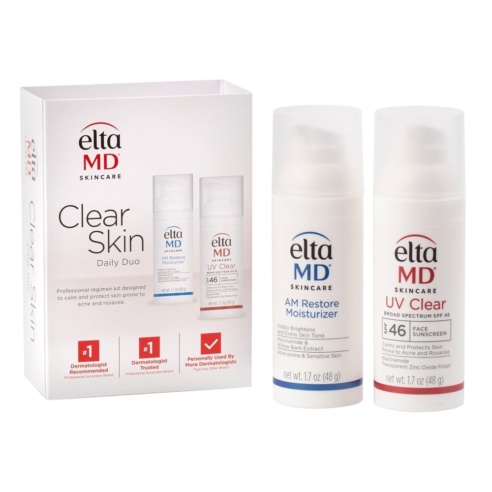 image:imageEltaMD Clear Skin Daily Duo Sensitive Skin Set SPF 46 Includes UV Clear Face Sunscreen and AM Moisturizer Niacinamide Zinc Oxide For AcneProne Skin and Rosacea FragranceFree