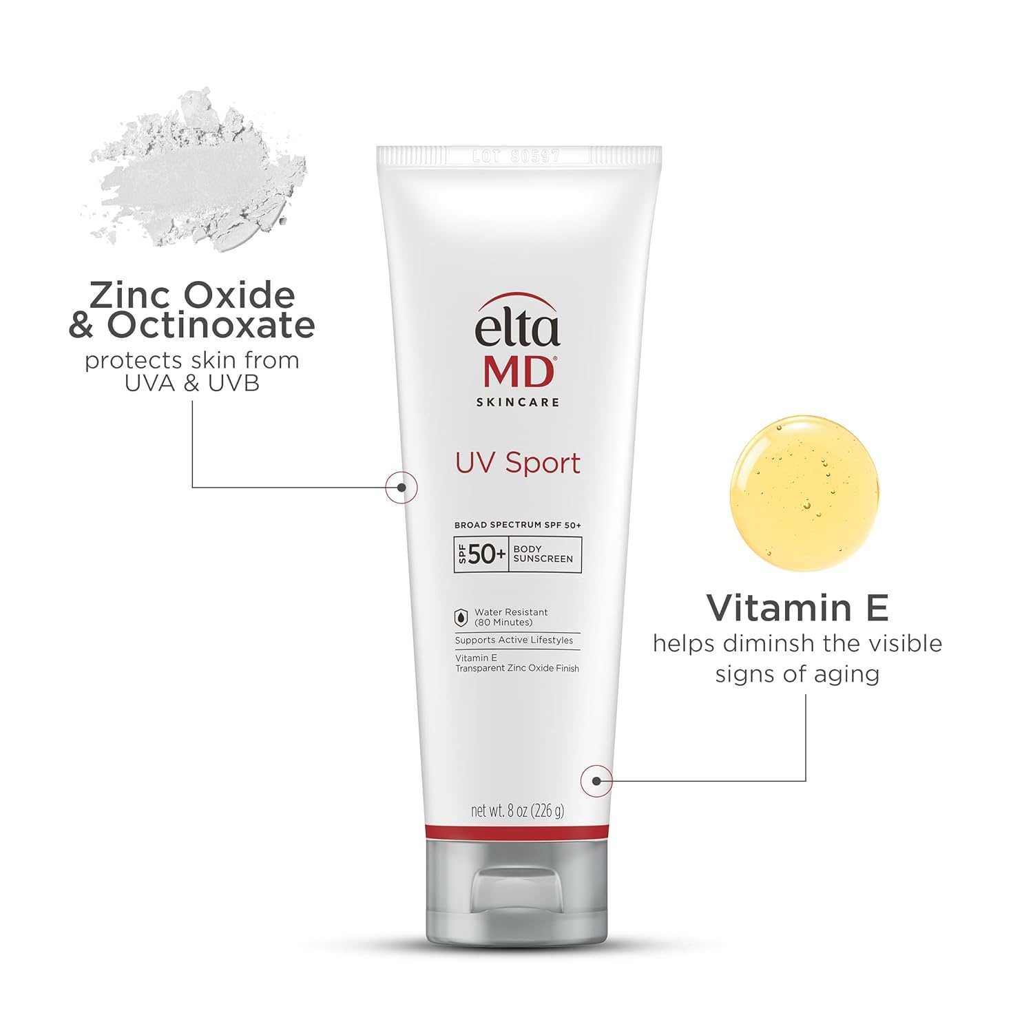 image:imageEltaMD UV Sport Sunscreen Water and Sweat Resistant 80 Min SPF 50 For Face And Body Absorbs Quickly NonGreasy Formula Ideal For Sports and Outdoor Activities For All Skin Types8 Ounce Pack of 1