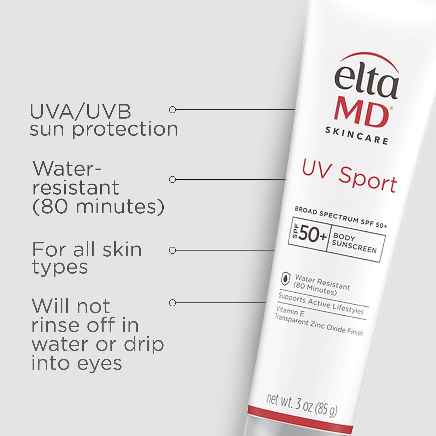 image:imageEltaMD UV Sport Sunscreen Water and Sweat Resistant 80 Min SPF 50 For Face And Body Absorbs Quickly NonGreasy Formula Ideal For Sports and Outdoor Activities For All Skin Types3 Ounce Pack of 1